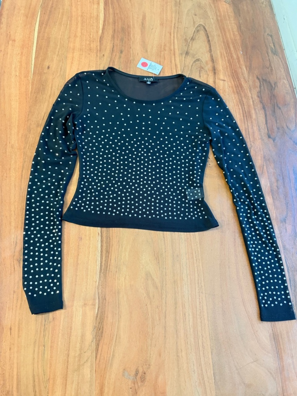 Night black sexy mesh rhinestones Studded Long-Sleeve crop Top women’s size 8